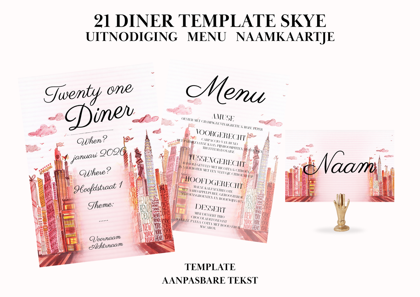 Uitnodiging - Menu - Naamkaartje set voor 21 Diner 'Skye'