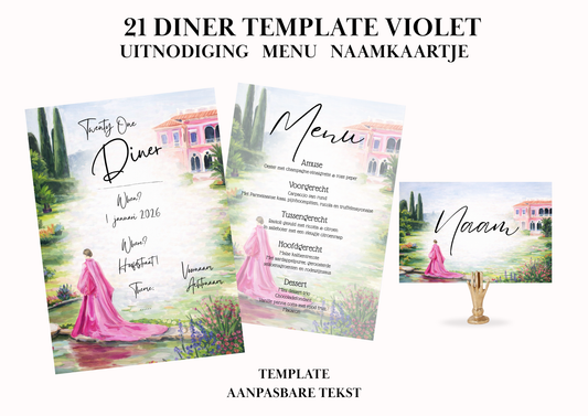 Uitnodiging - Menu - Naamkaartje set voor 21 Diner 'Violet'
